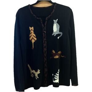 Coldwater Creek Black Full Zip Cardigan Cat Motif Sz Lg Crazy Cat Lady Y2K 90’s